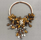 Wholesale Fantastic Statement Style Natural White Freshwater Pearl Crystal Tiger Eye Stone Flower Party Necklace