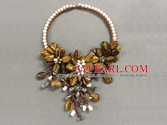Fantastic Statement Style Natural White Freshwater Pearl Crystal Tiger Eye Stone Flower Party Necklace