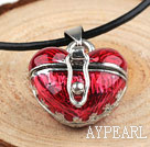 Fashion Style Red Color Heart Shape Wish Box Metal Pendant Necklace with Leather Thread