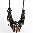 Wholesale Sparkly Bib Shape BLack Series Crystal Agate Statement Party Necklace With Black Thread Woven Drawstring Chain