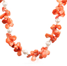 White Freshwater Pearl and Orange Coral Choker Necklace