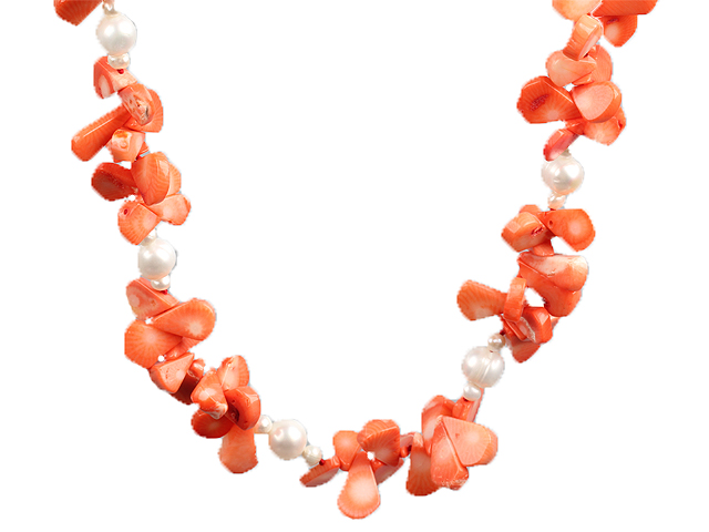 White Freshwater Pearl and Orange Coral Choker Necklace