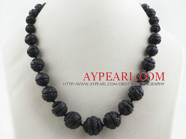 Carved Round Black Volcanic Rock Stone Beaded Graduated Necklace