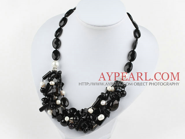 Black Series Black Agate and White Freshwater Pearl Necklace