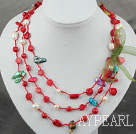 Wholesale Long Style Assorted Red Coral and Pearl Thread Necklace ( can also be bracelet )