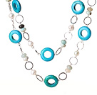 Wholesale Beautiful Long Style Round White Pearl Blue Spider and Amazon Stone Necklace