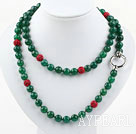 Long Style 10mm Round Green Agate Beaded Necklace with Red Rhinestone Beads