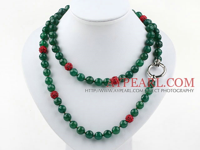 Long Style 10mm Round Green Agate Beaded Necklace with Red Rhinestone Beads