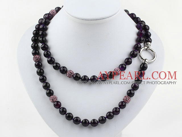 Long Style 10mm Round Faceted Purple Agate Beaded Necklace with Purple Rhinestone Beads