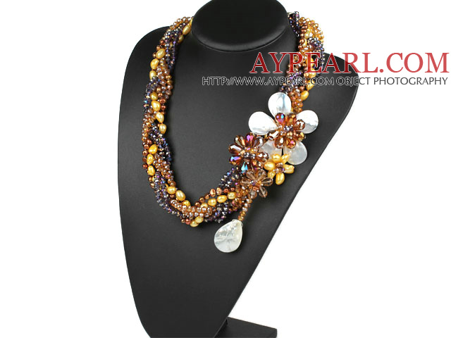 Elegant and Big Style Brown Series Pearl Crystal and White Shell Flower Party Necklace