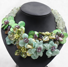 Elegant and Big Style Serpentine Jade and Lemon Stone and Agate and Pearl Shell and Prehnite Flower Party Necklace