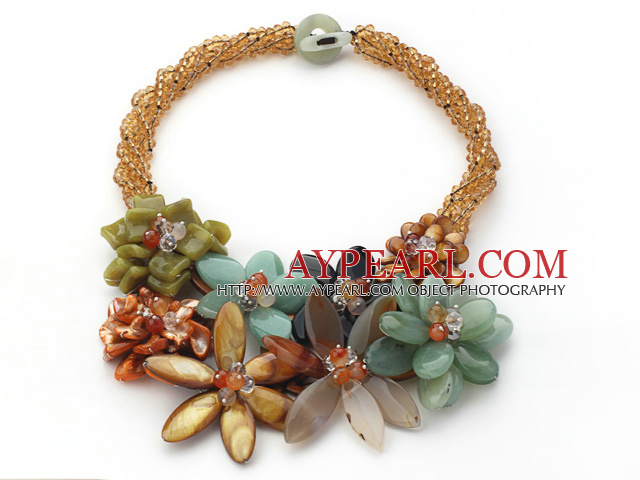 Elegant and Big Style Brown Crystal and Agate and Serpentine Jade Flower Party Necklace