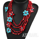 Multi Strands Red Series Red Coral and Turquoise Flower Party Necklace