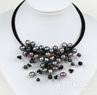 Black Pearl and Black Crystal Flower Choker Necklace