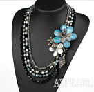Big Style Multi Strands Black Pearl Crystal and Shell Flower Party Necklace