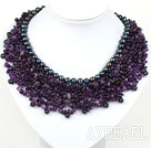 Elegant and Big Style Amethyst and Black Pearl Woven Party Bib Necklace