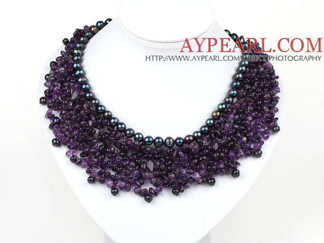 Elegant and Big Style Amethyst and Black Pearl Woven Party Bib Necklace