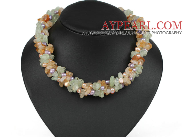Multi Strands Violet Pearl and Citrine and Prehnite Necklace