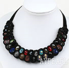 Fashion Style Multi Color Crystal and Black Velvet Ribbon Woven Bib Necklace