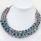 Fashion Style Lake Blue Crystal and Gray Velvet Ribbon Woven Bib Necklace
