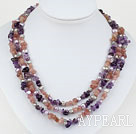 Pink Purple Series Three Strands Pearl and Amethyst and Strawberry Quartz Necklace