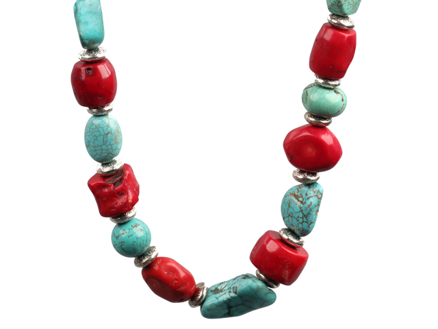 Chunky Style Irregular Shape Coral and Turquoise Stone Necklace