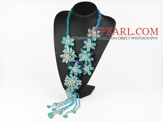 Elegant and Big Style Green Color Teeth Shape Pearl and Turquoise and Blue Agate Flower Party Necklace