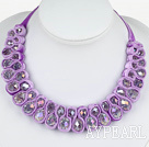 Fashion Style Clear with Colorful Crystal Woven Bib Necklace with Purple Velvet Ribbon