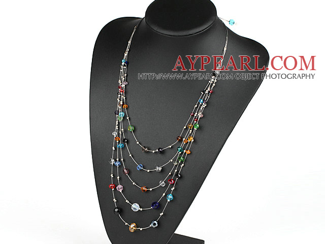 Multi Layer Multi Color Crystal Necklace with Metal Wire