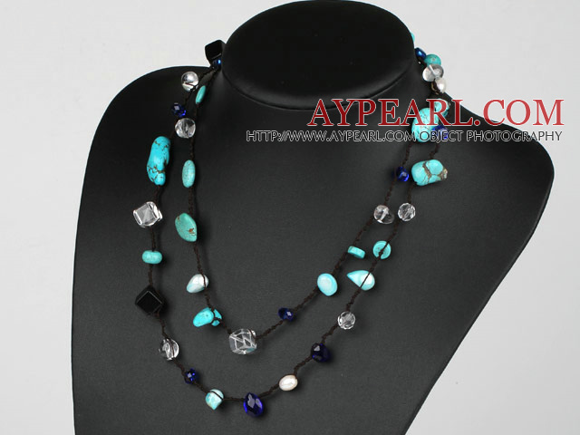Long Style Pearl and Clear Crystal and Black Agate and Turquoise Necklace