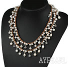 Long Style White Freshwater Pearl Crystal Necklace with Brown Cord