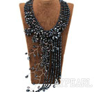 Elegant and Big Style Black Freshwater Pearl Crystal Tassel Party Necklace