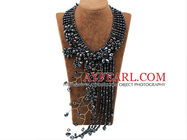 Elegant and Big Style Black Freshwater Pearl Crystal Tassel Party Necklace