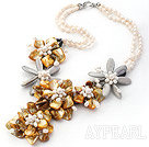 Elegant and Big Style Natural White Freshwater Pearl and Yellow Shell Flower Party Necklace