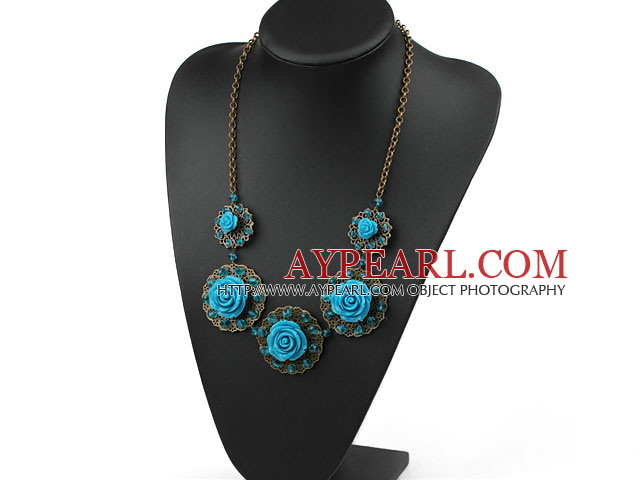 Vintage Style Blue Acrylic Flower Shape Necklace with Bronze Chain
