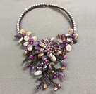 Fantastic Statement Style Natural Freshwater Pearl Amethyst Crystal Flower Party Necklace