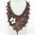 Wholesale Elegant and Big Style Garnet and Black Pearl and White Shell Flower Party Bib Necklace