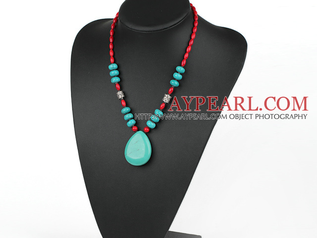 Assorted Red Coral and Turquoise Necklace with Drop Shape Turquoise Pendant