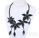 New Design Black Crystal Woven Flower Necklace with Leather Cord