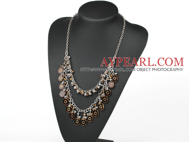 New Design Double Layer Brown Crystal and Colored Glaze Necklace with Metal Chain