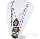Vintage Style Three Layer Purple Agate Necklace with Bronze Chain