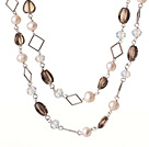 Wholesale Beautiful Long Style Heart and Drum Shape Natural Smoky Quartz and White Pearl Beads Necklace