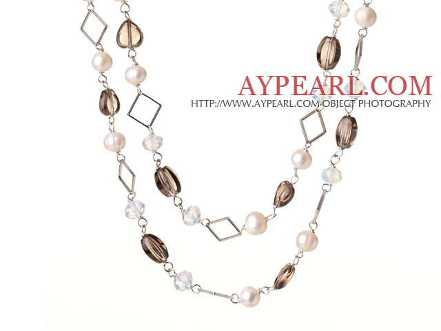 Beautiful Long Style Heart and Drum Shape Natural Smoky Quartz and White Pearl Beads Necklace