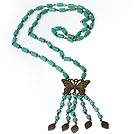 Vintage Style Cylinder Turquoise Long Necklace with Butterfly Turquoise Tassel