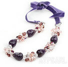 Purple Series Drop Shape Amethyst and Pink Pearl and Clear Crystal Necklace with Purple Cord