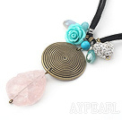 Simple Design Scrub Rose Quartz and Turquoise and Rhinestone Ball Pendant Necklace