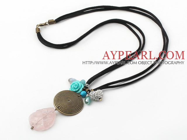Simple Design Scrub Rose Quartz and Turquoise and Rhinestone Ball Pendant Necklace