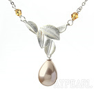 Classic Design Cream Color Drop Shape Seashell Pendant Necklace with Metal Leaves and Metal Chain