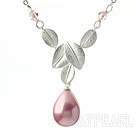 Classic Design Pink Color Drop Shape Seashell Pendant Necklace with Metal Leaves and Metal Chain