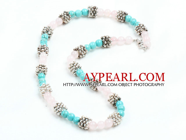 Fashion Single Strand Rose Quartz And Turquoise Beads Necklace with Metal Accessory